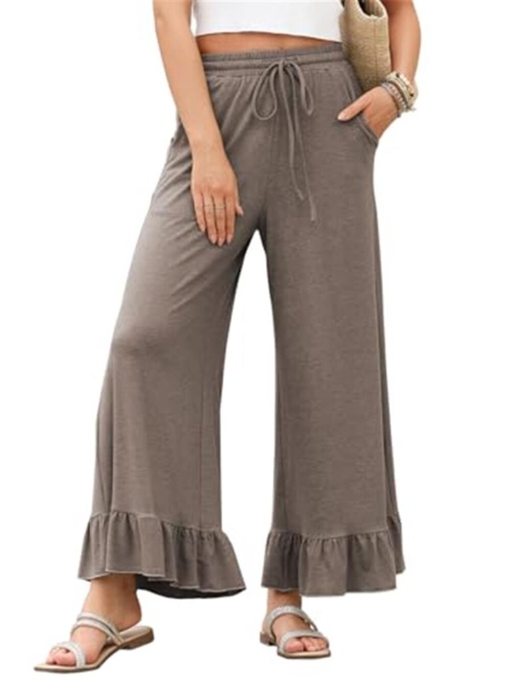 Womens Wide Leg Palazzo Pants High Waisted Ruffle Hem Drawstring Pockets Brown